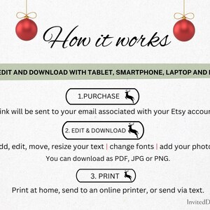 May include: An informational graphic with the text "How it works" and instructions for editing and downloading on various devices. The steps include purchase, edit & download, and print. Red Christmas ornaments hang from the top.