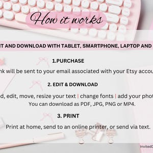 Puede incluir: Un teclado, un rat&oacute;n y un bloc de notas rosas est&aacute;n colocados sobre una superficie blanca. Una tarjeta muestra el texto "How it works" e instrucciones para editar y descargar productos digitales en varios dispositivos.