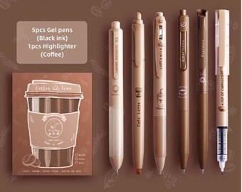 Stylos gel esthétiques pour amateurs de café | Stylos noirs, fin, marron, cottagecore, rentrée des classes, dark academia, jeu de surligneurs