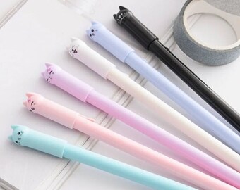 Stylos gel Neko chat kawaii | Esthétique, mignon, papeterie de bureau, rentrée des classes, pastel, ensemble, ludique, stylo à encre gel noir, bullet journal