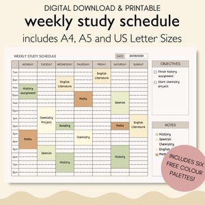 May include: A printable weekly study schedule template with a beige background. The schedule is divided into days of the week, with time slots from 7am to 8pm. The template includes sections for subjects, objectives, and notes. The text "INCLUDES SIX FREE COLOUR PALETTES!" is in a circle at the bottom right corner.