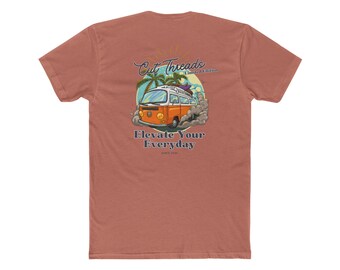 May include: A terracotta-colored t-shirt featuring a graphic of an orange and white vintage van with a surfboard on top, palm trees, and the text "Cut Threads" and "Elevate Your Everyday".