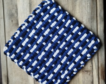 Handmade Potholder Loomed from 100% Cotton Loops, One Size Large. Dark Blue, Cream, and Navy-Blue Colors. A Great Gift for Friends & Family