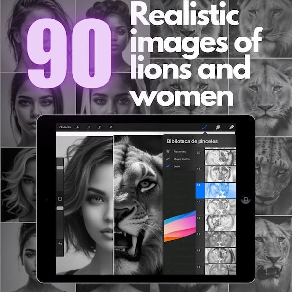 Procreate brushes of realistic black and white images that continent 90 images of faces of women and lions