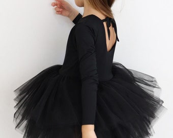 classic ballet dress black long sleeve, puffy skirt ballet dress, ballerina tutu for birthday, birthday ballerina gift, halloween ballerina