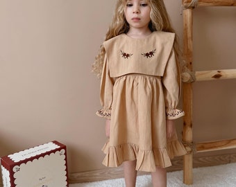 Flower embroidery Vintage style Girl Dress, Brown Collar Detailed Girl's Midi Dress, Little Girls Kids Spring ruffle Dress