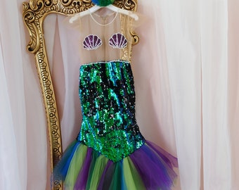 Vestido de cola de sirena, vestido de cumpleaños de princesa niña, traje de fiesta de Halloween o Navidad, disfraz de sirenita esmeralda