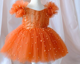 Burnt orange flower girl dress, ginger color girl dress, pearl dress, ginger costume girl, toddler pearl dress, baby tutu, halloween costume