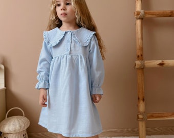 Light blue Girl's Collar Button-Down Casual, Long Sleeve Spring Girl Dress, Toddler Dress With Collar, Midi Dress for Kids Girl