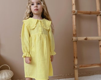 Yellow Long Sleeve Collar Detailed Girl's Dress, Toddler Dress With Collar, Spring Fashion Girls Dress, Midi Dress for Kids Girl