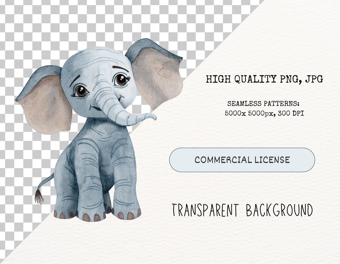Watercolor Elephant Clipart and Seamless Patterns Baby Elephant ...