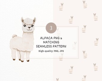 Watercolor Alpaca Clipart and Seamless Pattern Baby Animal Children Illustration Alpaca Digital Paper Baby Alpaca Nursery Decor Alpaca PNG