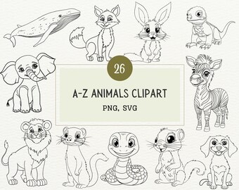 Baby Animal Nursery PNG SVG Clipart Bundle A-Z Animals Vector Illustrations Baby Animals Svg A-Z Animals Clipart for ABC Book Commercial Use