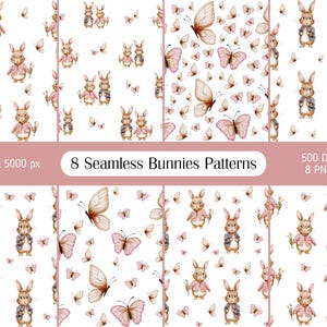 May include: Eight seamless patterns featuring watercolor illustrations of bunnies wearing jackets and butterflies. The patterns are on a white background.