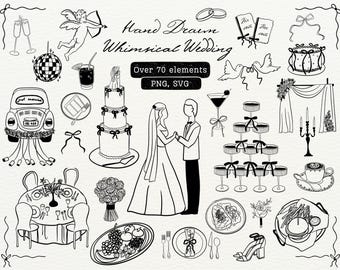 Pacote de clipart SVG de casamento caprichoso para convites de casamento, menu de jantar, cartão de reserva de data, placa de boas-vindas, gráficos SVG PNG de casamento desenhados à mão