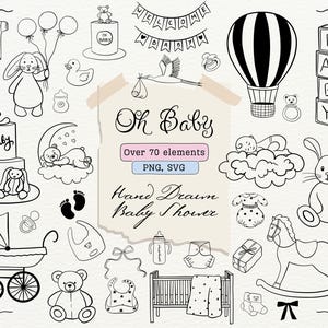 Whimsical Baby SVG Clipart For Baby Shower Invitations Dinner Menu Welcome Sign Hand Drawn Baby Shower SVG PNG Teddy Bear Hot Air Balloon