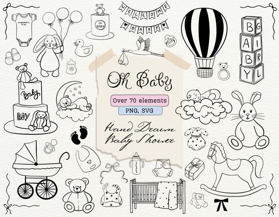 Baby Shower Clipart Bundle Hand Drawn SVG PNG Illustrations for Baby Shower Invitations Welcome Signs 1st Birthday Boy Girl Nursery Clipart