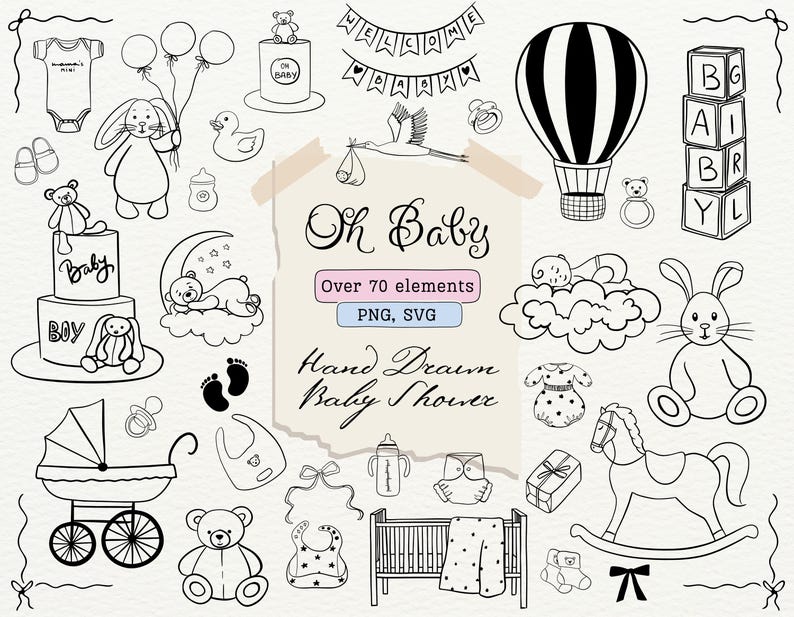 Whimsical Baby SVG Clipart For Baby Shower Invitations Dinner Menu Welcome Sign Hand Drawn Baby Shower SVG PNG Teddy Bear Hot Air Balloon