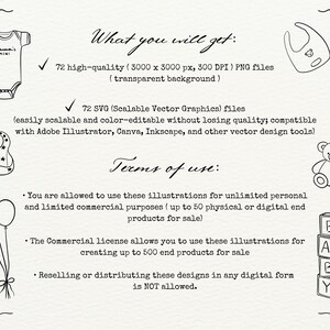 May include: Black and white line art illustrations of baby items, including a onesie, bib, teddy bear, blocks, and balloons. The text "What you will get:" and "Terms of use:" are also included in the image.
