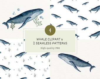 Watercolor Whale Clipart and Seamless Patterns Sea Life Whale Children Illustration Whale Digital Paper Ocean Creatures Whale Nursery Decor