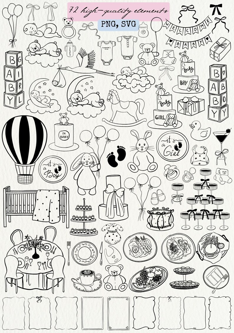 May include: A set of 72 black and white hand-drawn illustrations for a baby shower. The illustrations include a variety of baby-related items, such as a rocking horse, a crib, a baby bottle, a teddy bear, a pacifier, a rattle, a baby carriage, a baby shower cake, a baby shower banner, a baby shower invitation, a baby shower gift, a baby shower favor, a baby shower game, a baby shower decoration, a baby shower centerpiece, a baby shower food, a baby shower drink, a baby shower dessert, a baby shower activity, a baby shower party, a baby shower theme, a baby shower idea, a baby shower design, a baby shower clipart, a baby shower graphic, a baby shower vector, a baby shower image, a baby shower icon, a baby shower symbol, a baby shower silhouette, a baby shower outline, a baby shower doodle, a baby shower sketch, a baby shower drawing, a baby shower painting, a baby shower art, a baby shower craft, a baby shower project, a baby shower printable, a baby shower template, a baby shower digital download, a baby shower instant download, a baby shower svg, a baby shower png, a baby shower jpg, a baby shower eps, a baby shower ai, a baby shower pdf, a baby shower file, a baby shower clipart, a baby shower graphic, a baby shower vector, a baby shower image, a baby shower icon, a baby shower symbol, a baby shower silhouette, a baby shower outline, a baby shower doodle, a baby shower sketch, a baby shower drawing, a baby shower painting, a baby shower art, a baby shower craft, a baby shower project, a baby shower printable, a baby shower template, a baby shower digital download, a baby shower instant download, a baby shower svg, a baby shower png, a baby shower jpg, a baby shower eps, a baby shower ai, a baby shower pdf, a baby shower file.
