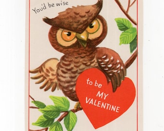 Vintage Valentine Card, Owl on Tree Branch " You'd Be Wise to be My Valentine"