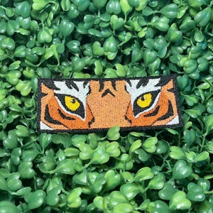 May include: Embroidered patch featuring a tiger's eyes. The patch has a black border, orange and white stripes, and yellow eyes. The patch is rectangular and set against a background of green leaves.
