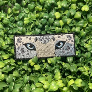 May include: Embroidered patch featuring the eyes of a snow leopard. The patch has a rectangular shape with a black border. The eyes are blue with gray and white details, and the background is a light beige color.