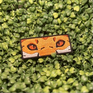 May include: Embroidered patch featuring a stylized orange and black design of two eyes. The patch has a rectangular shape with a black border and is set against a backdrop of green foliage.