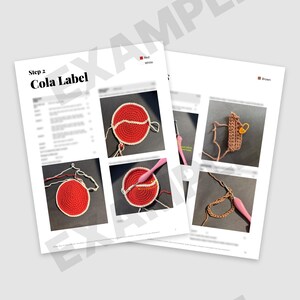 May include: Two-page spread from a crochet pattern with the title "Cola Label." The pages show step-by-step instructions with close-up photos of red and white yarn being crocheted into a circular shape. A crochet hook is also visible.