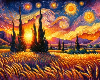 Tableau Van Gogh Crépuscule  Lueur Solaire  - Art Mural - Téléchargement instantané de 3 toiles  - iacreativejazz