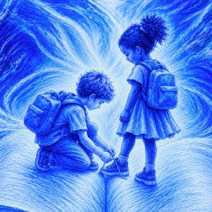May include: A monochromatic blue illustration depicting two children with backpacks standing on an open book. One child kneels to tie the shoelaces of the other child. In the background, a glowing archway structure is visible. Text reads TypoChromic - JozeXart.