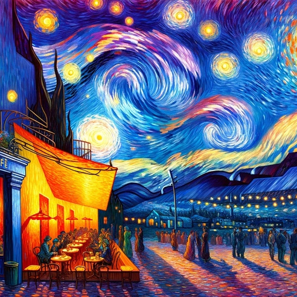 Night café (120X61) + Evening café terrace + Starry Night Van Gogh - Instant download of 3 canvases