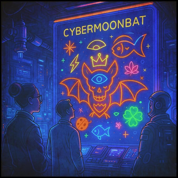 CyberMoonBat – Curious Nocturnal Totem | Digital Fine Art | TypoChromic Art | Totemic Illustration | Instant Download