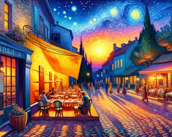 Le café de nuit et coucher de soleil Van Gogh - IAcreativejazz - Art Mural