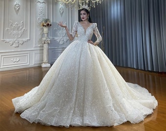 Princess Wedding Dress Long Sleeves A-Line Bridal Gown Sheer Neck Sweetheart Neckline 