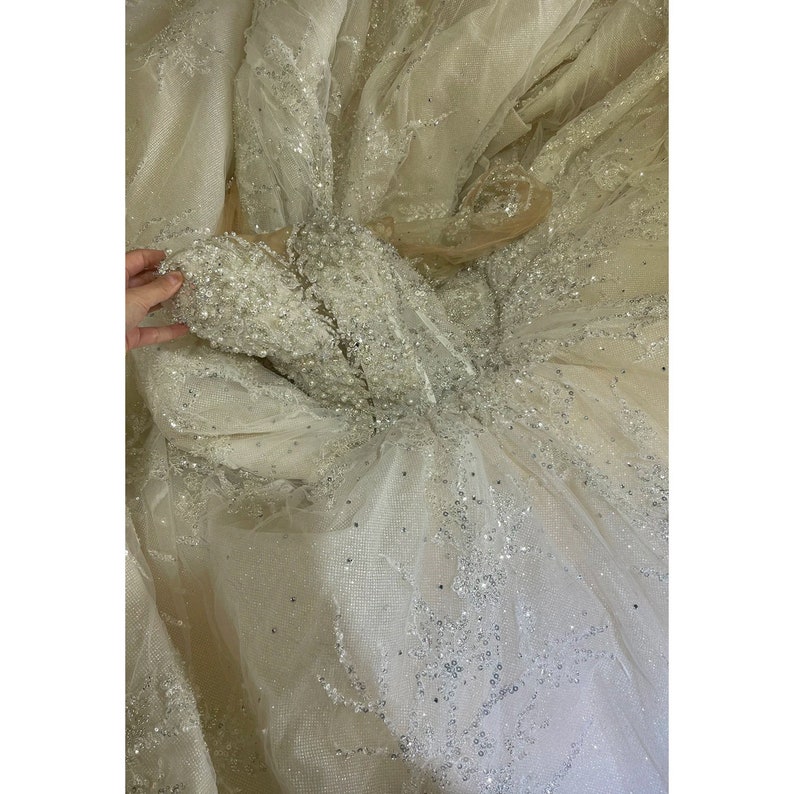 Luxury Ball Gown Wedding Dress Long Sleeve, Beaded Illusion Plunge Wedding Gown Embroidered Train, Sparkle Princess Ballgown Champagne