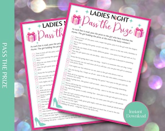 Könnte beinhalten: Rosa und türkisfarbene druckbare Spielkarten für ein Damenabend-Partyspiel namens "Pass the Prize". Die Spielanweisungen sind auf den Karten gedruckt. Die Karten sind mit rosa Geschenkboxen und einem türkisfarbenen High-Heel-Schuh verziert.
