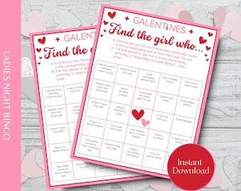 Könnte beinhalten: Zwei rosa Galentine's Day Bingo-Karten mit roten Herzen und Text. Die Karten lauten "Finde das Mädchen, das..." und enthalten Aussagen wie "Trinkt gerne Rotwein" und "Hat keine Haustiere". Ein roter Kreis mit "Sofort-Download" befindet sich unten.