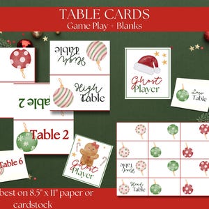 K&ouml;nnte beinhalten: Druckbare Weihnachts-Spielkarten mit Ornamenten, einem Geister-Spieler und Tischnummern. Die Karten sind f&uuml;r ein Spiel mit mehreren Tischen und einem Geister-Spieler konzipiert. Die Karten werden auf Papier im Format 8,5 x 11 Zoll gedruckt.