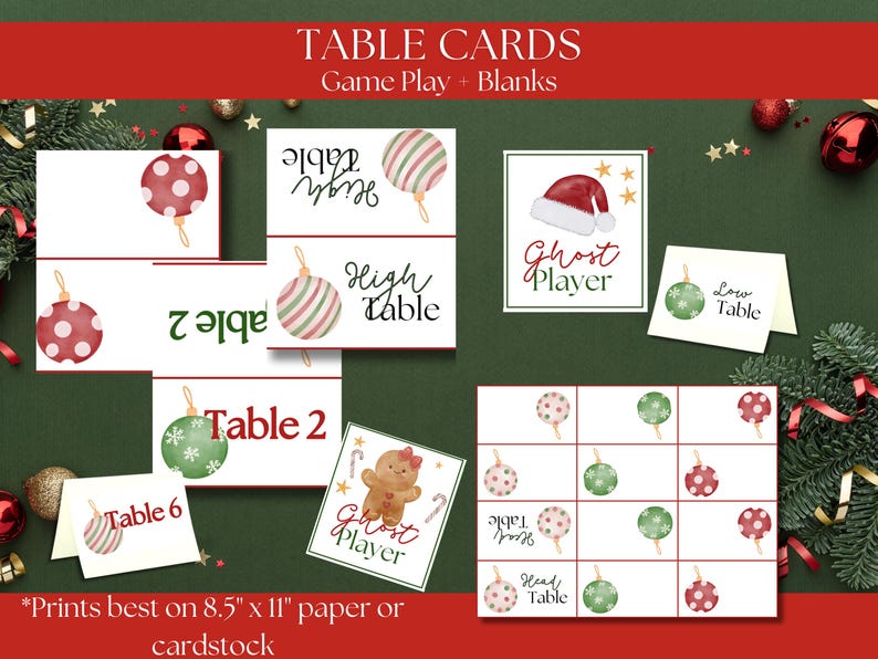 K&ouml;nnte beinhalten: Druckbare Weihnachts-Spielkarten mit Ornamenten, einem Geister-Spieler und Tischnummern. Die Karten sind f&uuml;r ein Spiel mit mehreren Tischen und einem Geister-Spieler konzipiert. Die Karten werden auf Papier im Format 8,5 x 11 Zoll gedruckt.
