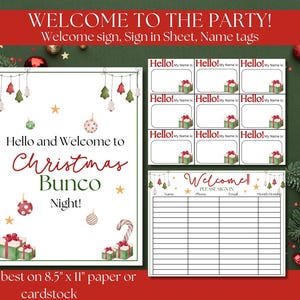 K&ouml;nnte beinhalten: Druckbare Weihnachts-Bunco-Partydekorationen, darunter ein Willkommenszeichen, ein Anmeldeformular und Namensschilder. Das Design ist in Rot- und Gr&uuml;nt&ouml;nen gehalten und zeigt Weihnachtsornamente und Geschenke.
