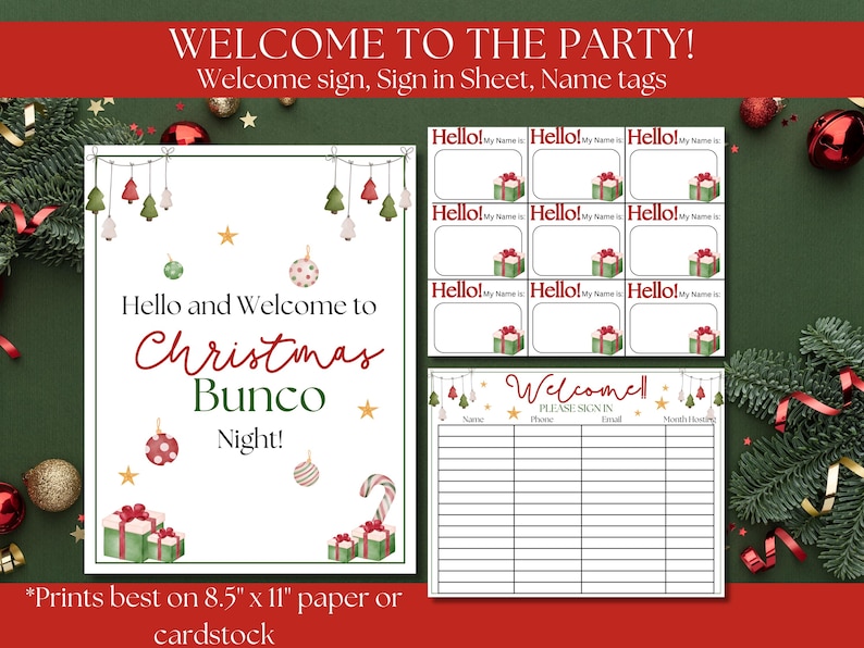 K&ouml;nnte beinhalten: Druckbare Weihnachts-Bunco-Partydekorationen, darunter ein Willkommenszeichen, ein Anmeldeformular und Namensschilder. Das Design ist in Rot- und Gr&uuml;nt&ouml;nen gehalten und zeigt Weihnachtsornamente und Geschenke.