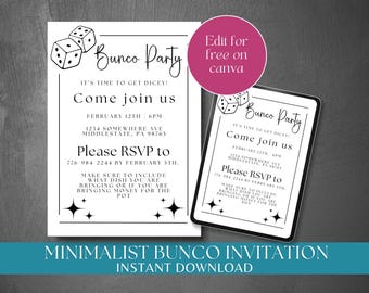 Könnte beinhalten: Eine schwarz-weiße druckbare Einladung zu einer Bunco-Party. Die Einladung zeigt Würfel, Sterne und den Text "Bunco Party", "It's time to get dicey!", "Come join us", "February 12th | 6PM", "1234 Somewhere Ave", "Middlestate, PA 98765", "Please RSVP to 776 984 2244 by February 5th.", "Make sure to include what dish you are bringing or if you are bringing money for the pot."