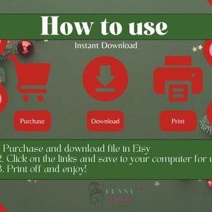 K&ouml;nnte beinhalten: Ein gr&uuml;ner Hintergrund mit einem roten Einkaufswagen, einem Download-Pfeil und einem Druckersymbol. Der Text "How to use" und "Instant Download" wird in Wei&szlig; angezeigt. Der Text "Purchase", "Download" und "Print" wird in Wei&szlig; auf roten Schaltfl&auml;chen angezeigt. Der Text "1. Purchase and download file in Etsy 2. Click on the links and save to your computer for use. 3. Print off and enjoy!" wird in Wei&szlig; angezeigt. Der Text "FUZZY MOM" wird in Wei&szlig; auf rotem Hintergrund angezeigt.