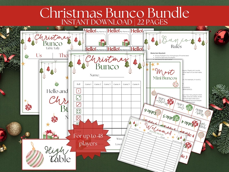 K&ouml;nnte beinhalten: Weihnachts-Bunco-Spielpaket mit 22 druckbaren Seiten. Das Paket beinhaltet eine Tischz&auml;hlung, Punktetafeln, Regeln und ein Willkommenszeichen. Das Design ist in Rot- und Gr&uuml;nt&ouml;nen gehalten und zeigt Weihnachtsornamente und Glocken.