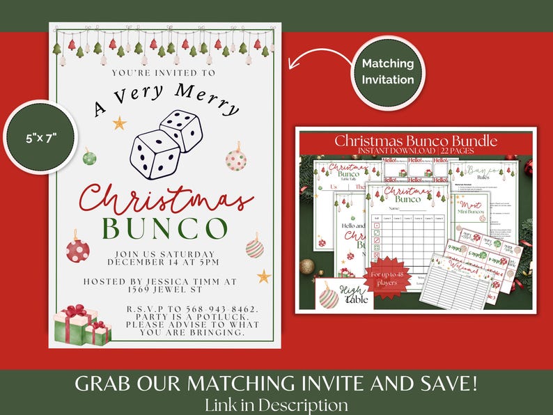 K&ouml;nnte beinhalten: Eine Weihnachts-Bunco-Partyeinladung mit einem festlichen Design mit W&uuml;rfeln, Ornamenten und einem gr&uuml;n-roten Farbschema. Die Einladung enth&auml;lt das Datum, die Uhrzeit und den Ort der Veranstaltung sowie eine Bitte um RSVP und Informationen zum Potluck.