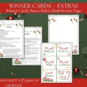 K&ouml;nnte beinhalten: Druckbare Bunco-Spielkarten und -regeln zum Thema Weihnachten. Die Karten sind wei&szlig; mit roten und gr&uuml;nen Akzenten und zeigen verschiedene weihnachtliche Symbole. Die Regeln sind auf zwei Seiten gedruckt und enthalten Anweisungen zum Spielen des Spiels. Der Text auf den Karten lautet "Most Buncos", "Most Mini Buncos", "Most Wins", "Most Losses", "Last Bunco", "Half Wins Half Losses".