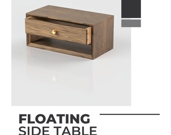 May include: A floating side table made of wood with a drawer and a shelf. The table has a natural wood finish and a gold knob on the drawer. The table is shown on a white background.  www.youtube.com/@windfirewoodwork Wind & Fire Woodwork