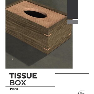 May include: A wooden tissue box with a light brown top and a darker brown base. The box has a rectangular shape with rounded edges and a cutout for tissues. The text "TISSUE BOX" is printed in black on a white background below the image.